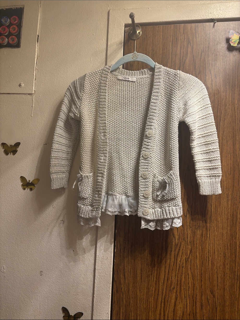 George Cream Knit Cardigan with Lace Hem